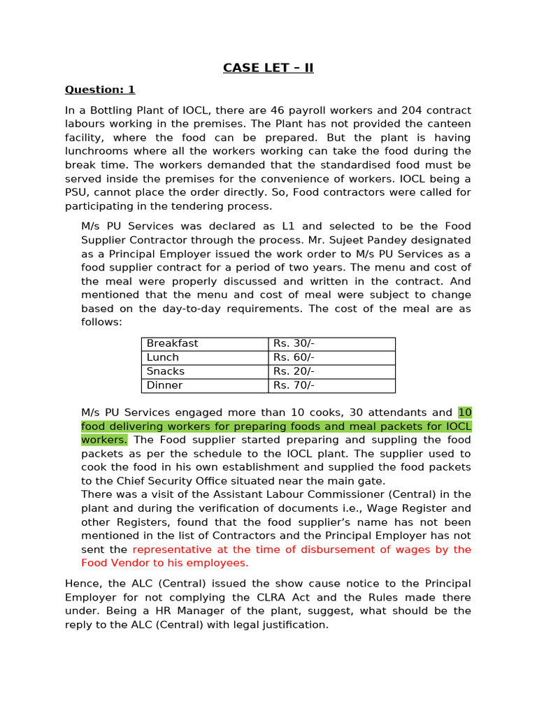 Question-Case Let-II (29.01.24) | PDF | Employment | Meal