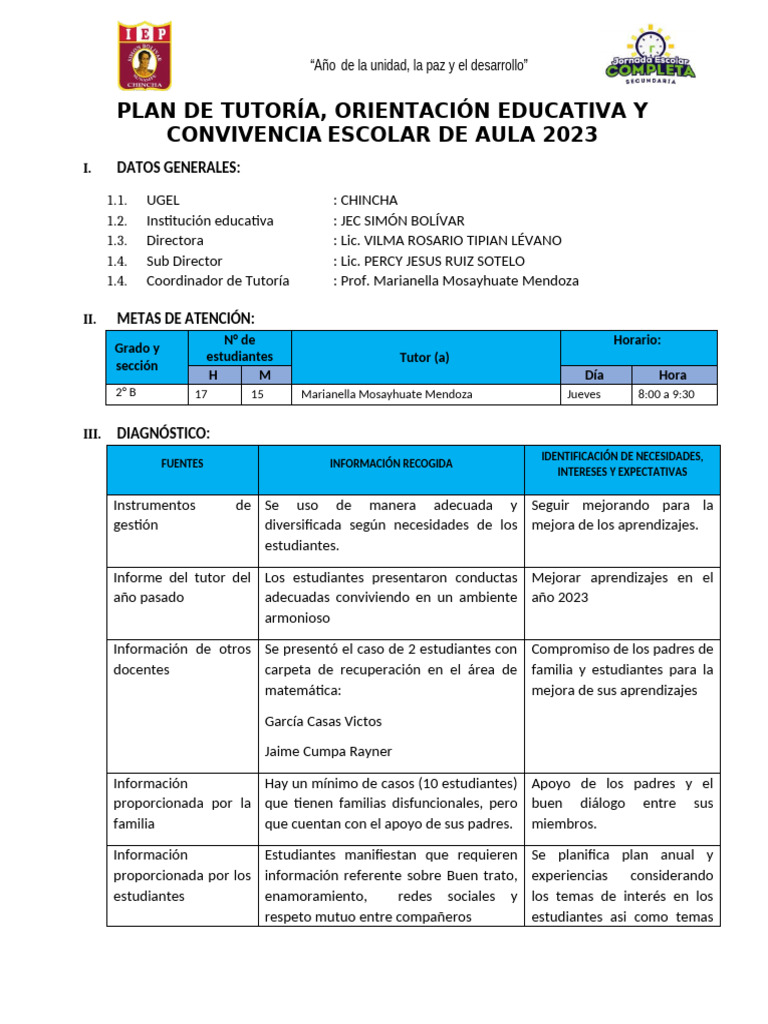 Plan de Tutoría y Convivencia Escolar 2023 | PDF | Enseñando | Salón de ...