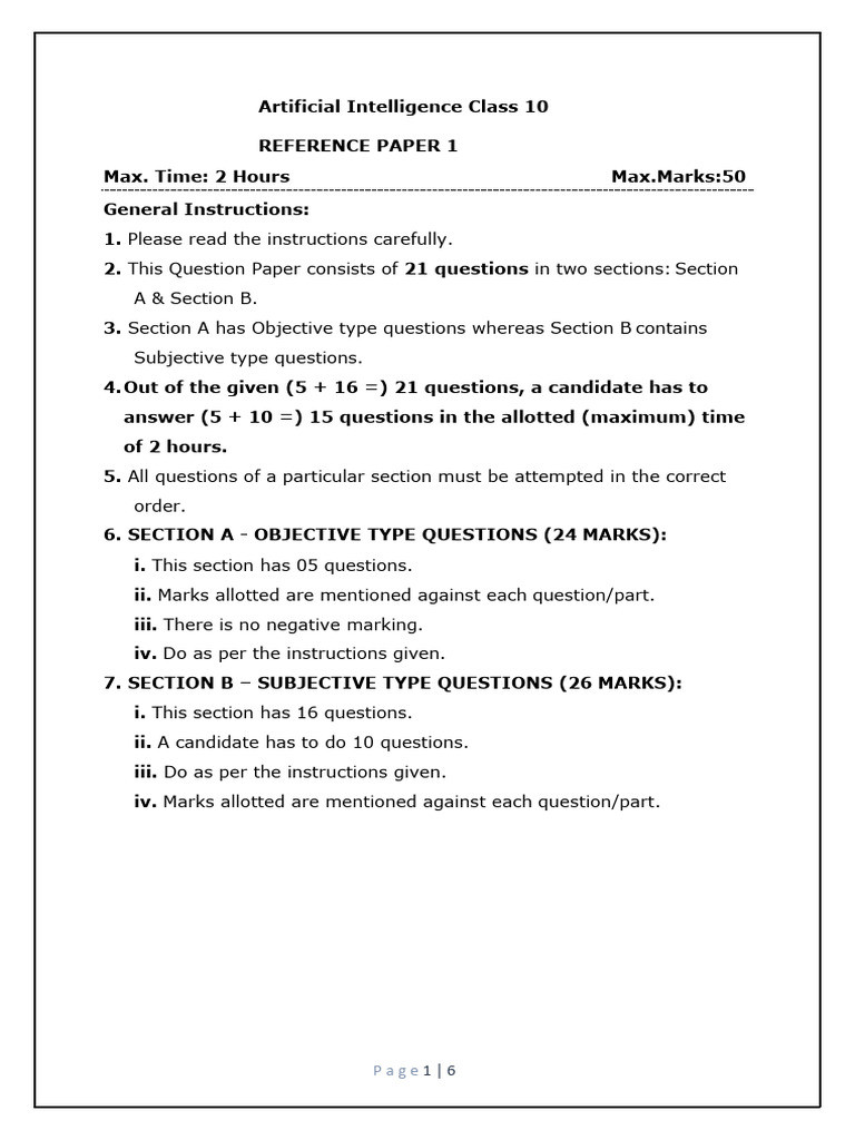 Class 10 AI Reference Paper Guide | PDF | Artificial Intelligence ...