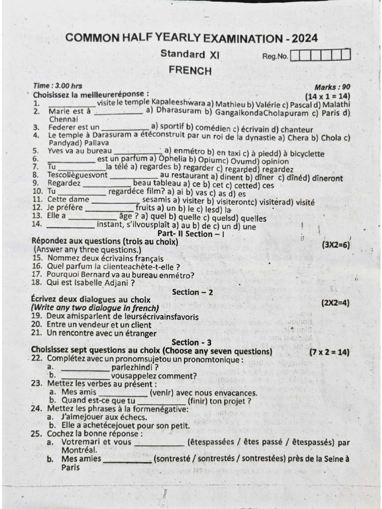 Xi French Half-Yearly Question Paper 2024-25 | PDF