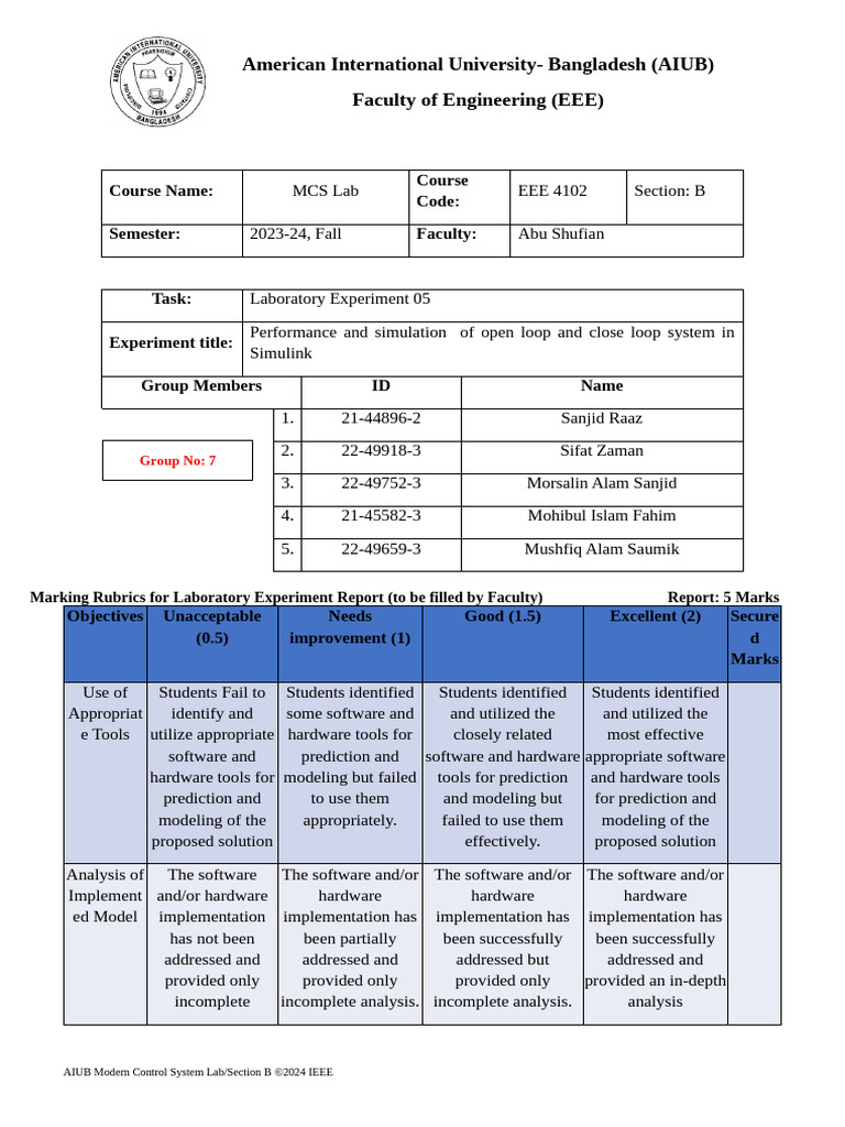 MCS Lab: Control System Experiment | PDF | Control Theory | Feedback