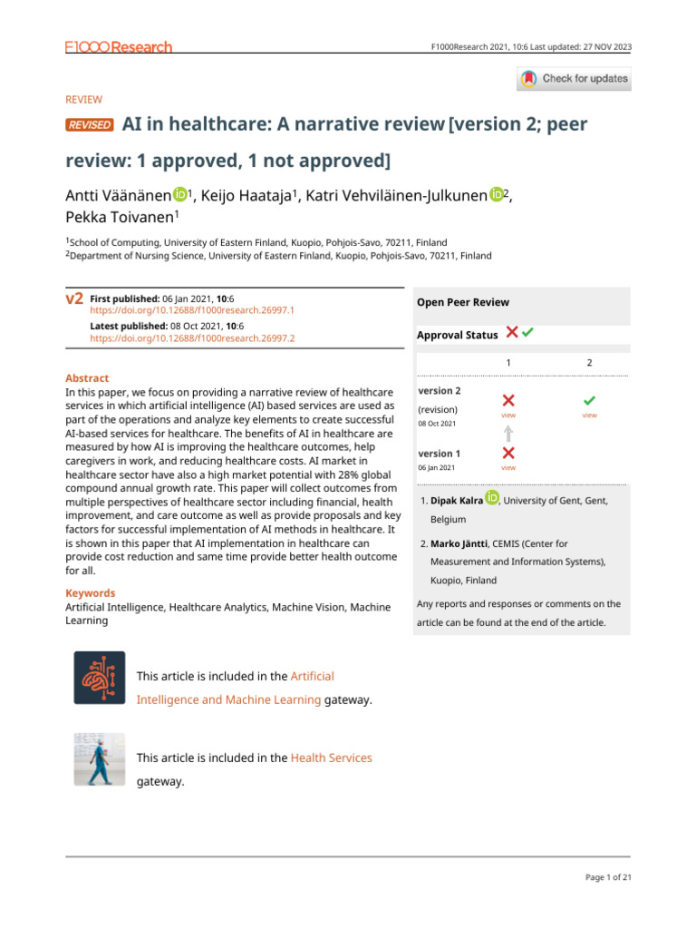 AI in Healthcare A Narrative Review - 3 | PDF | Surgery | Artificial ...