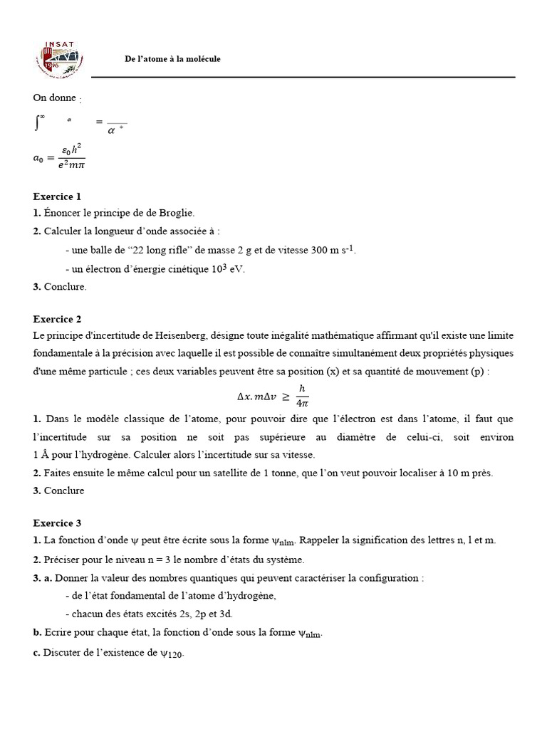 Exercices de Physique Quantique 2023-2024 | PDF | Atomes | Équation de ...