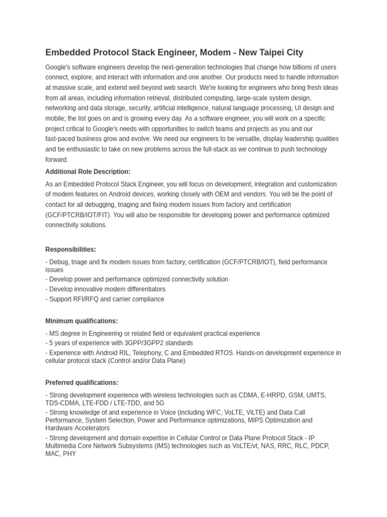 Embedded Protocol Stack Engineer, Modem - New Taipei City | PDF ...