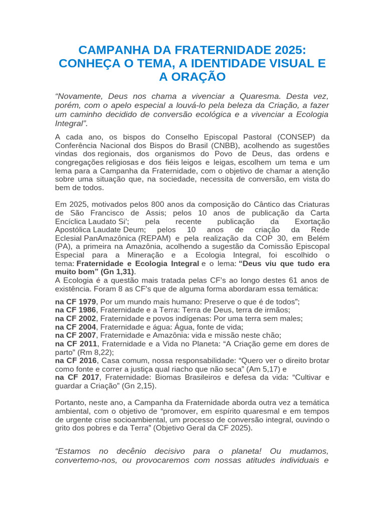 Oração da Campanha da Fraternidade 2025 | PDF | Francisco de Assis | Deus