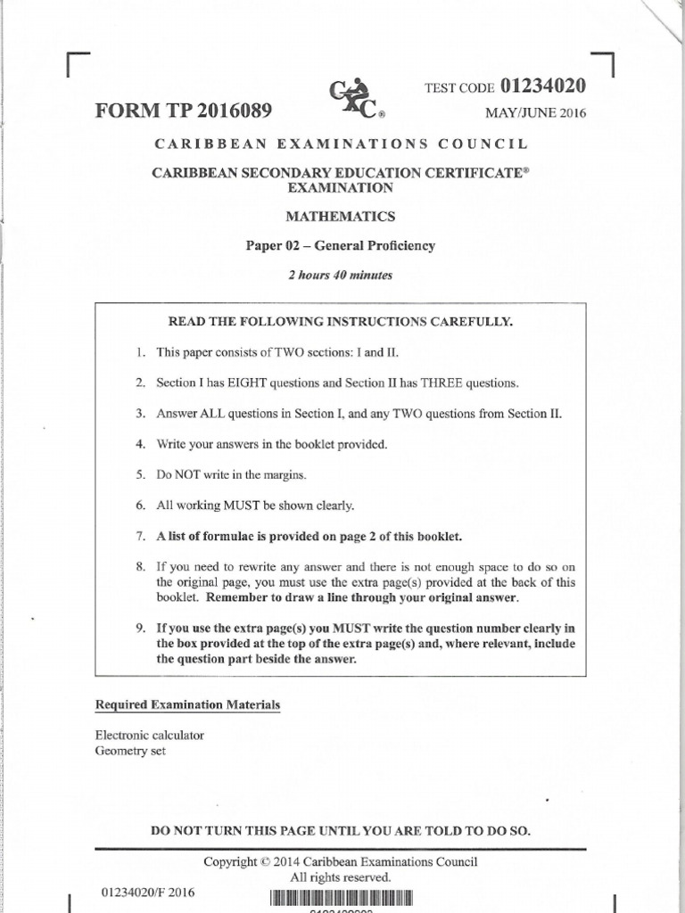 June 2016 Csec Math | PDF