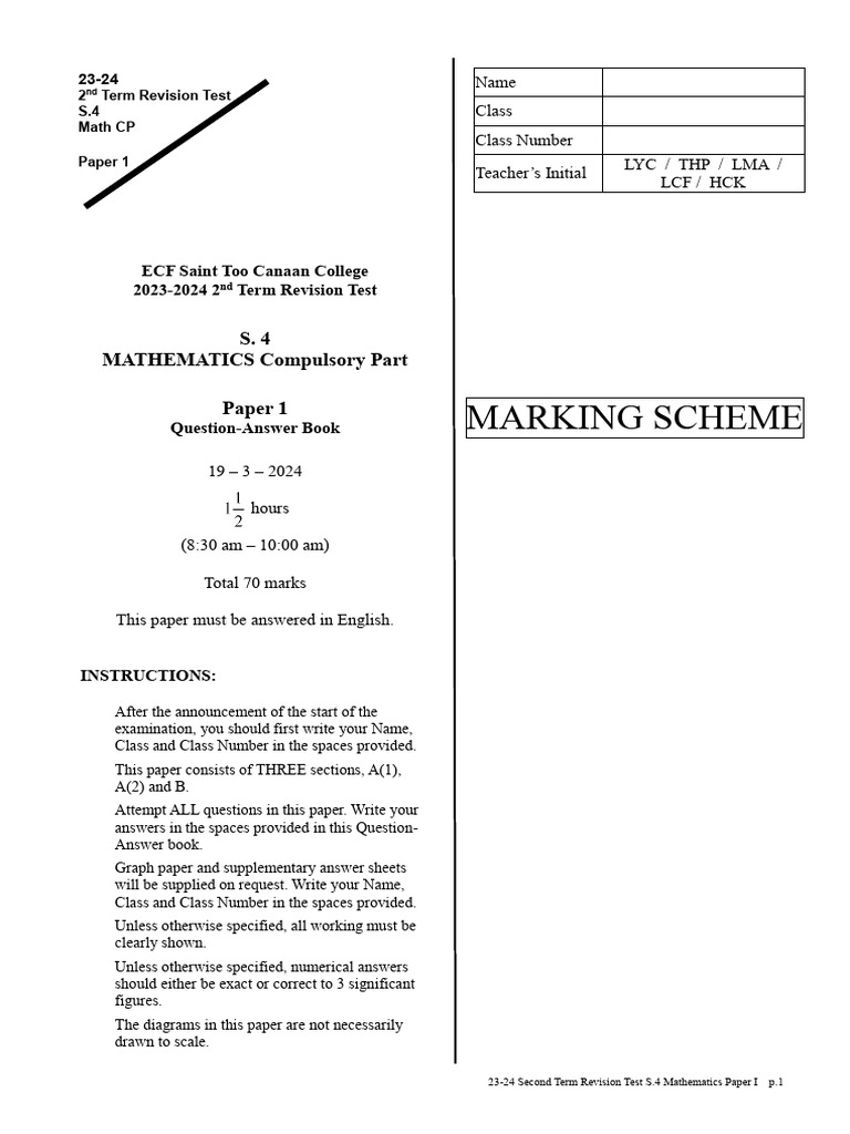 2324 - MTH - S4 - 2nd - Term - RT - P1 Solution-R4 | PDF | Theoretical ...
