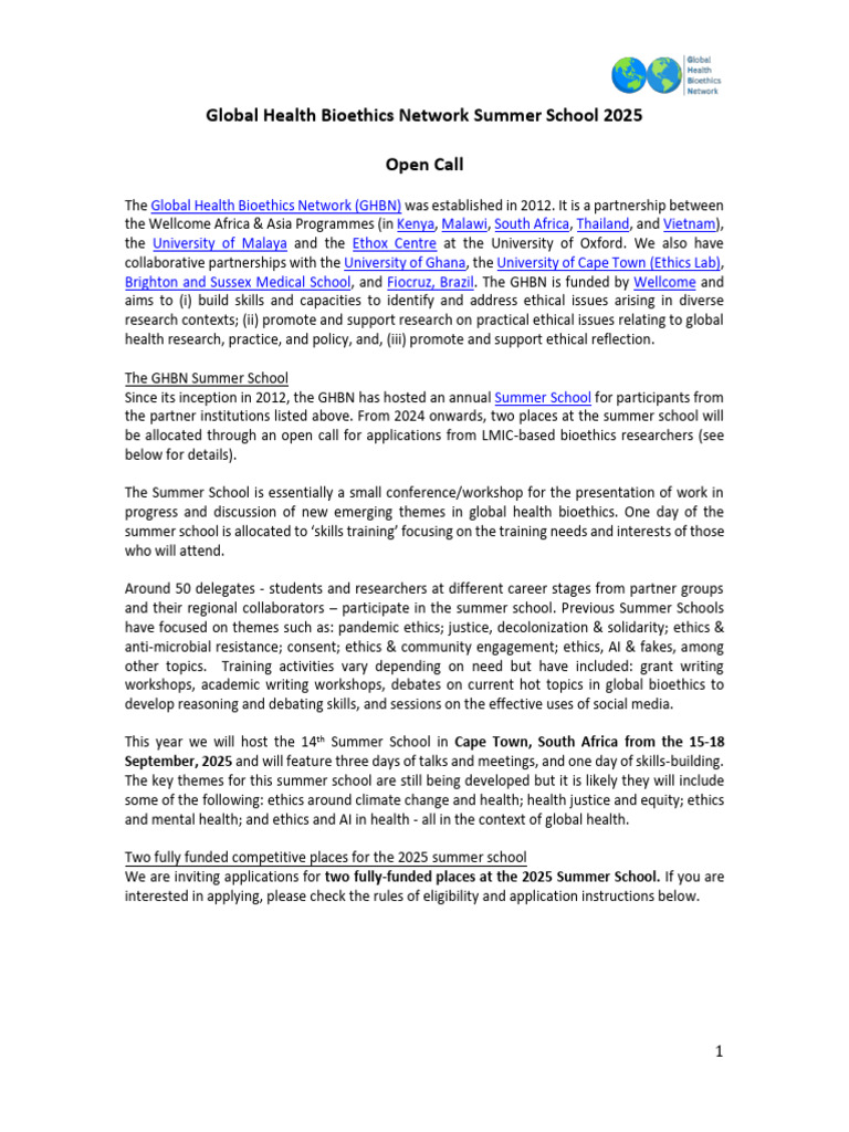 GHBN Summer School 2025 Application Guide | PDF | Bioethics | Global Health