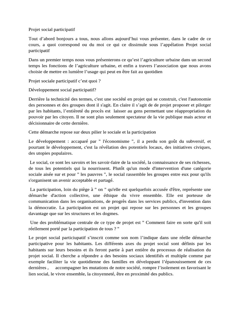 Projet social participatif et agriculture urbaine | PDF