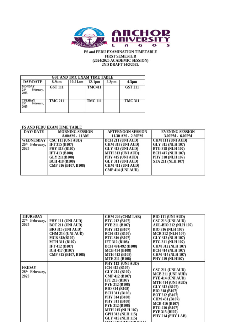 Fs and Fedu 2nd Draft Exam Time Table of 1st Semester 2024 2025 | PDF ...