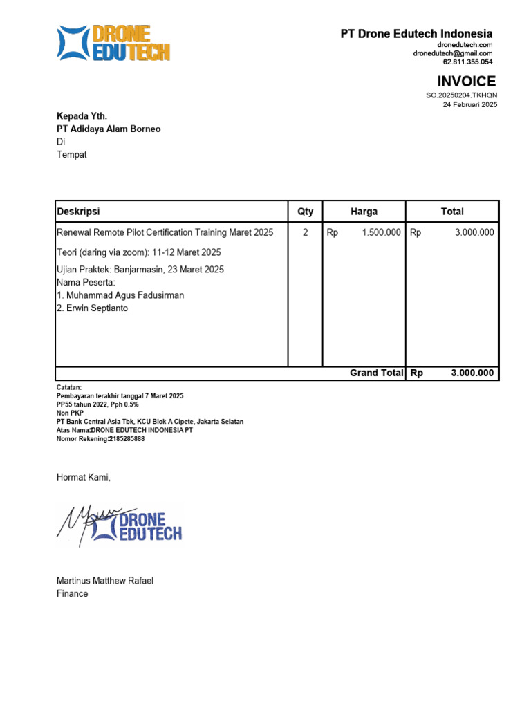 Invoice RPC Training Maret 2025 - PT Adidaya Alam Borneo | PDF