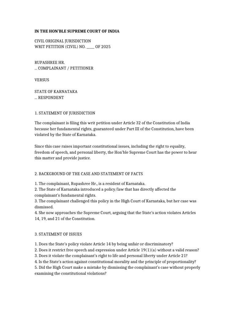 Supreme Court Writ Petition on Rights Violation | PDF | Supreme Court ...