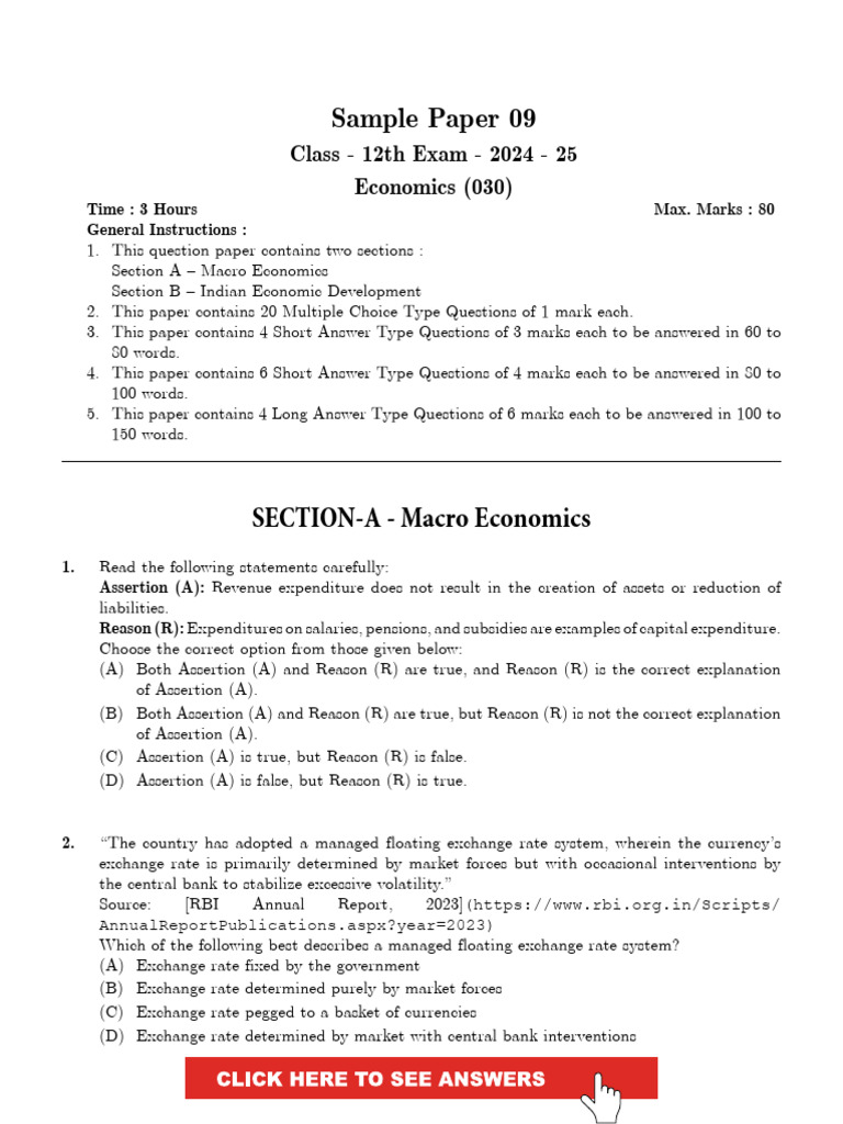 Class 12 Economics Sample Paper 2024-25 | PDF | Government Budget ...