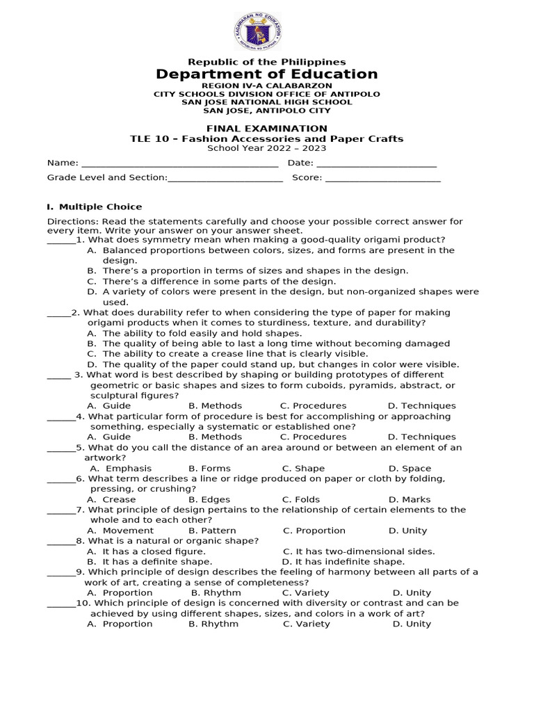 Tle 10 Final Exam Fashion Accessories Pdf Origami