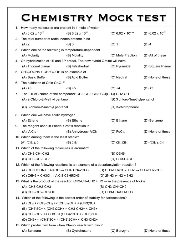 Chemistry Mock Test Questions | PDF | Chemical Reactions | Benzene