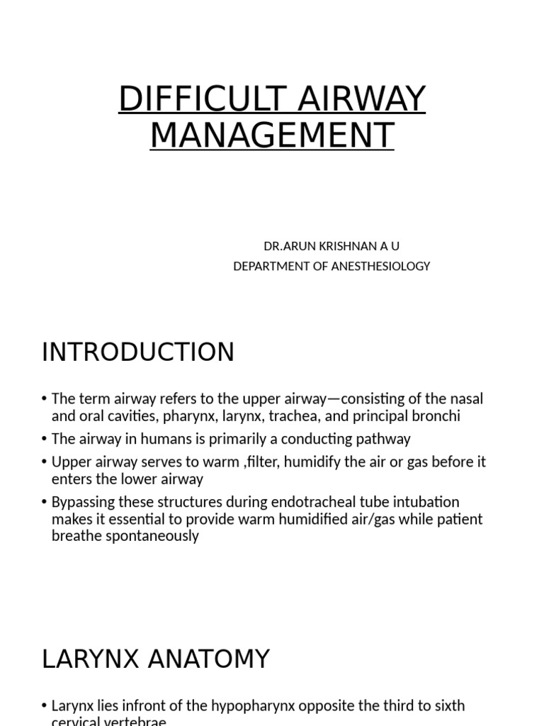 Difficult Airway Management Overview | PDF | Larynx | Human Head And Neck