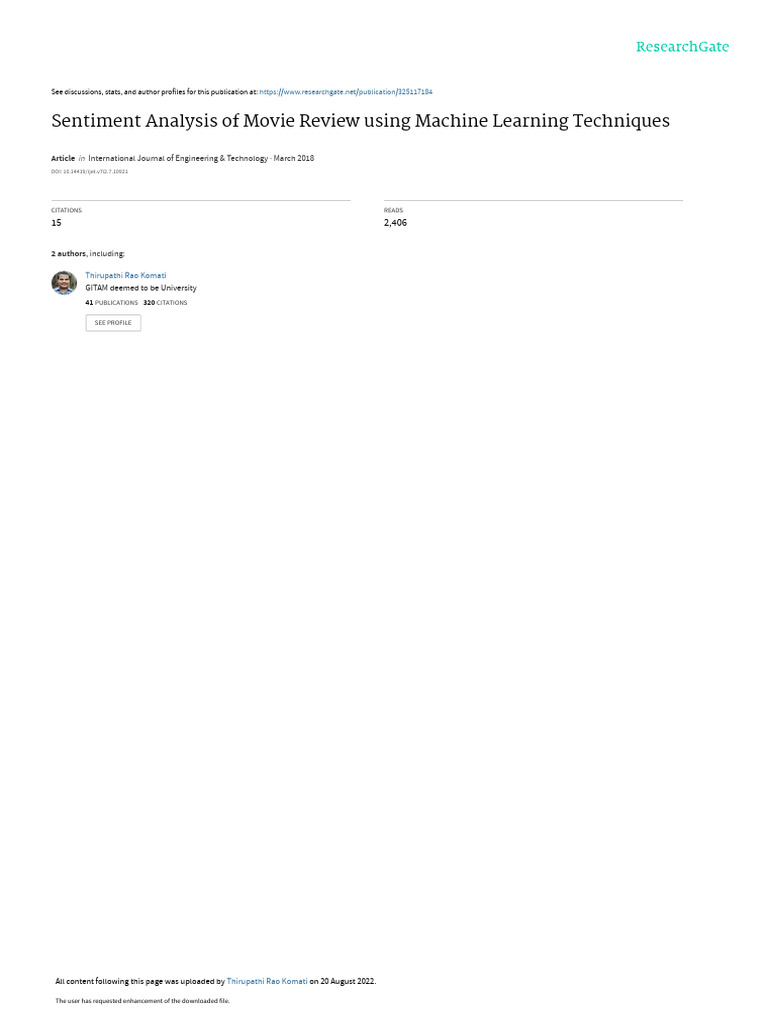 Sentiment Analysis of Movie Review Using Machine L | PDF | Machine ...