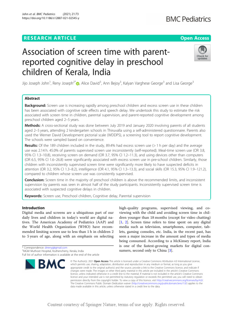 Association of Screen Time With Parent-Reported Co | PDF | Confidence ...