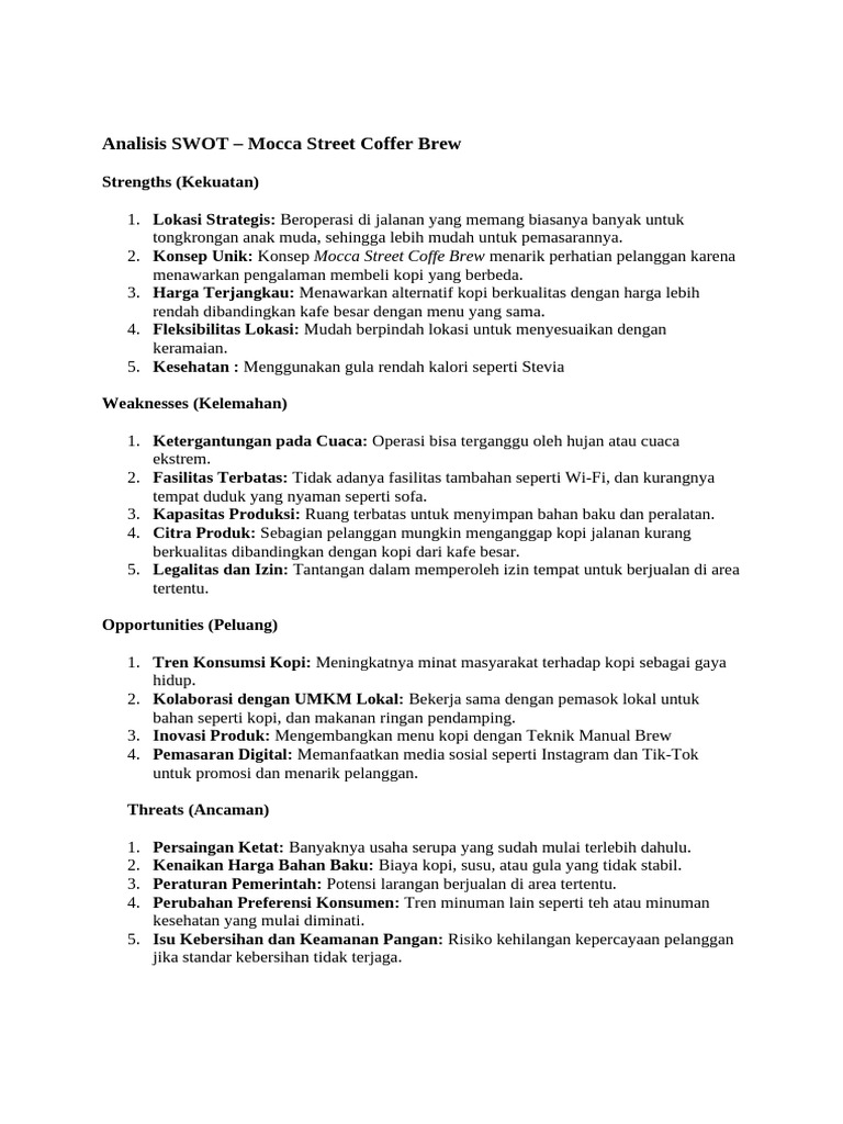 Analisis SWOT Mocca Street Coffee | PDF