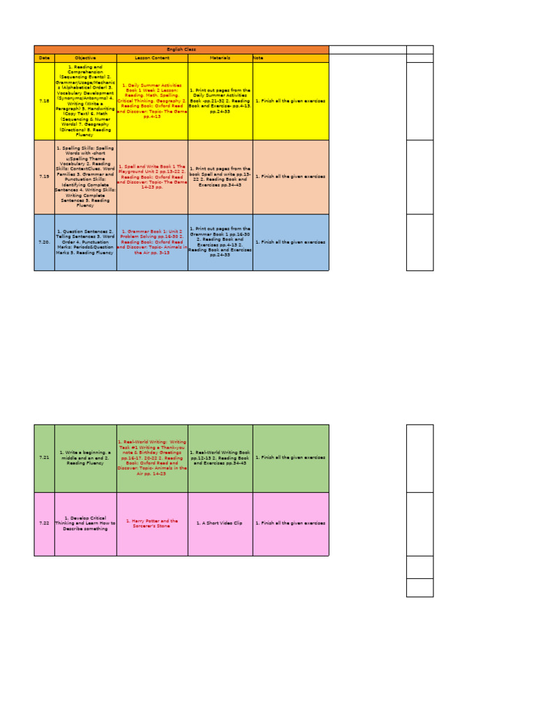 English Lesson PLan 7.18-7.22 | PDF | Books | Reading Comprehension