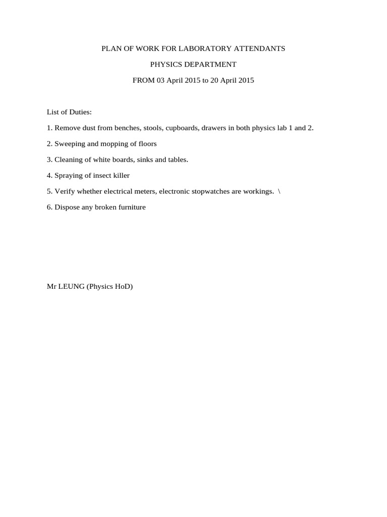 Laboratory Attendants Work Plan | PDF