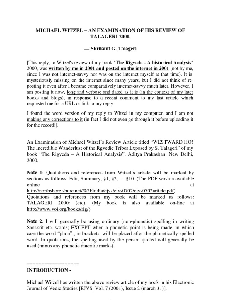 Talageri's Response to Witzel's Review | PDF | Vedas | Translations