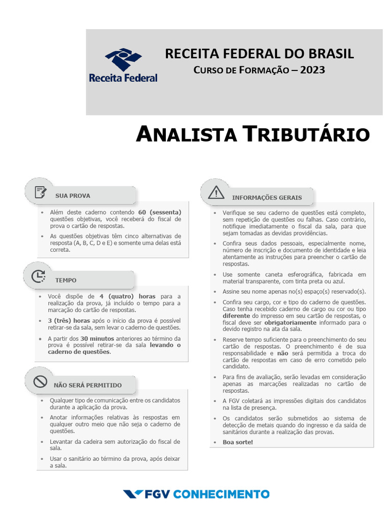Prova Analista Tributário Receita Federal 2023 | PDF | Taxa de crédito ...