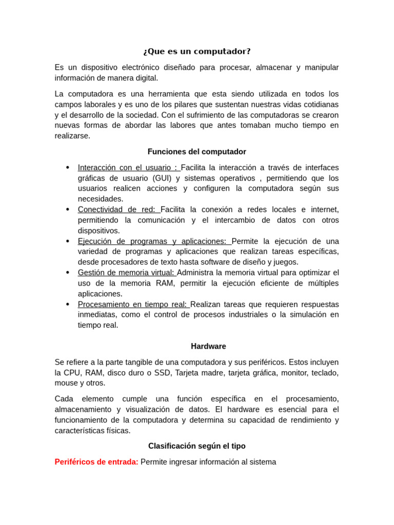 Funciones y componentes del computador | PDF | Hardware de la ...