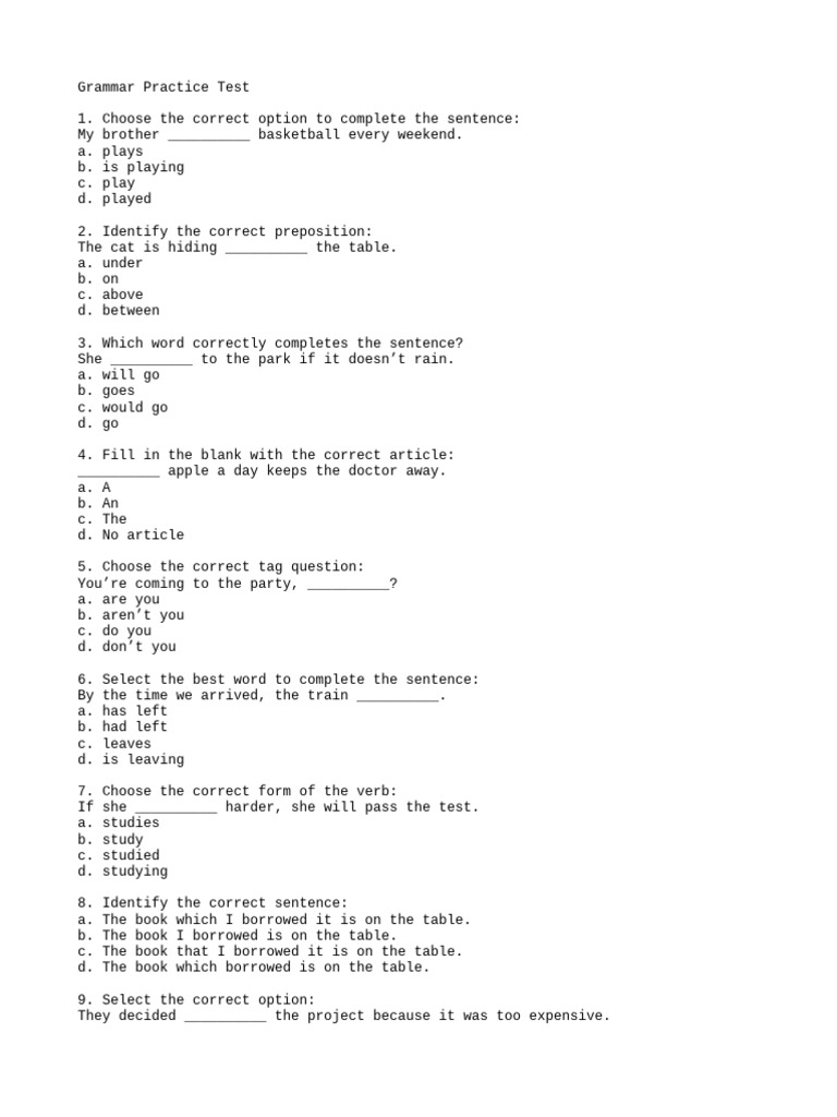 Grammar Practice Test Questions | PDF | Verb | Linguistic Typology