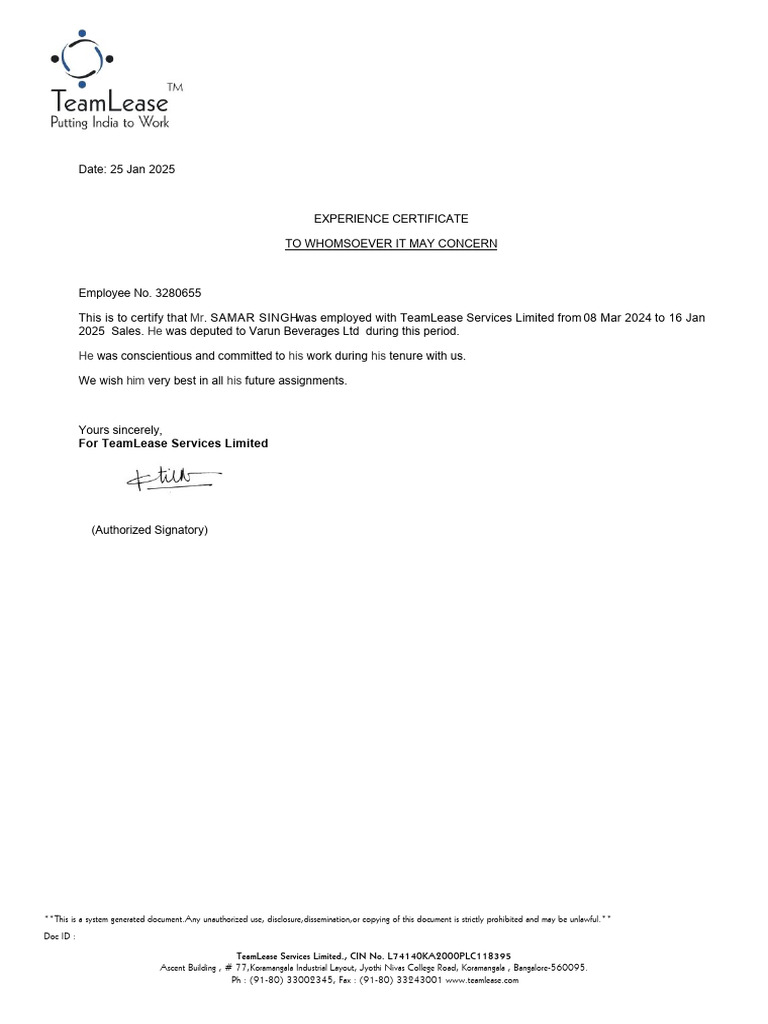 TeamLease Experience Certificate for Samar Singh | PDF