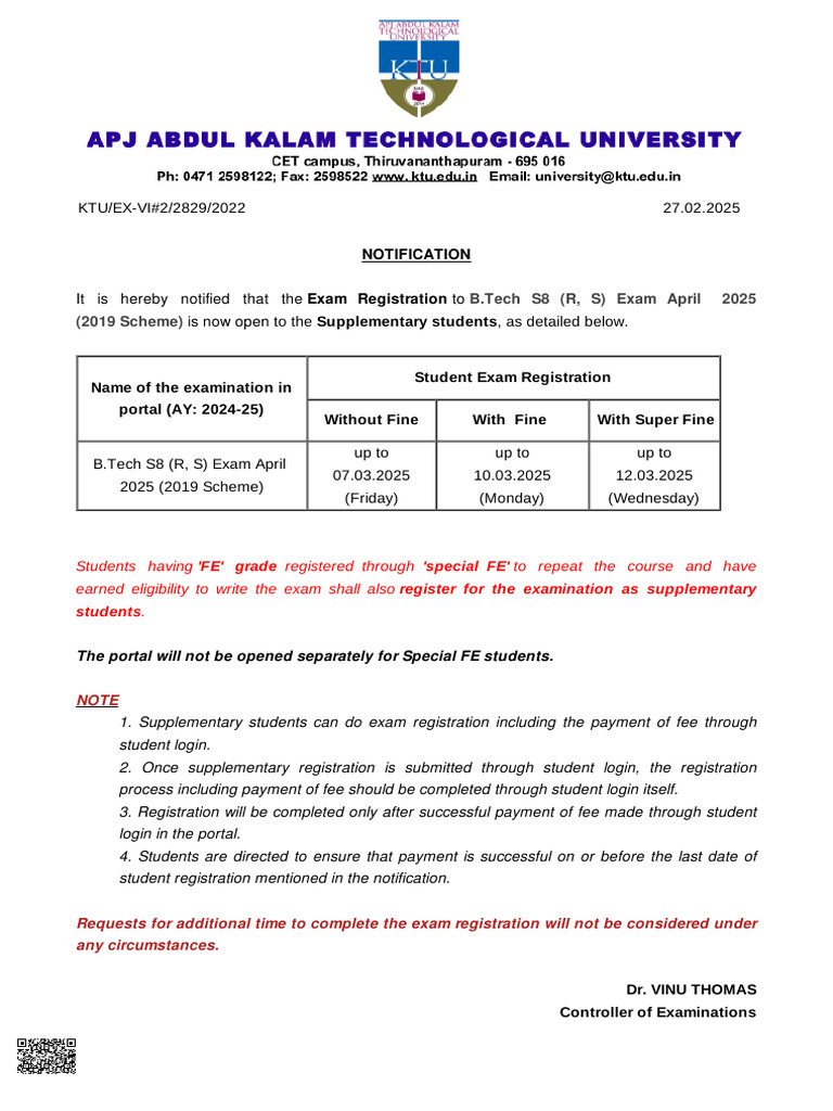 B.Tech S8 Exam Registration Notice 2025 | PDF