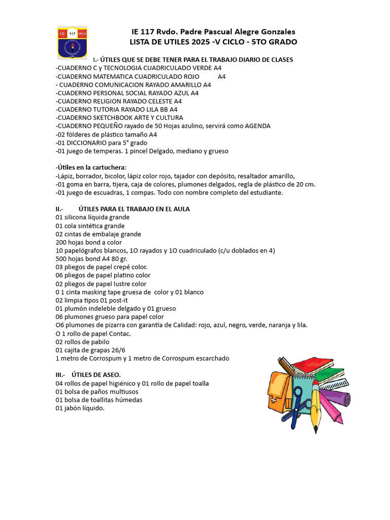Lista de Útiles 2025 - 5to Grado | PDF