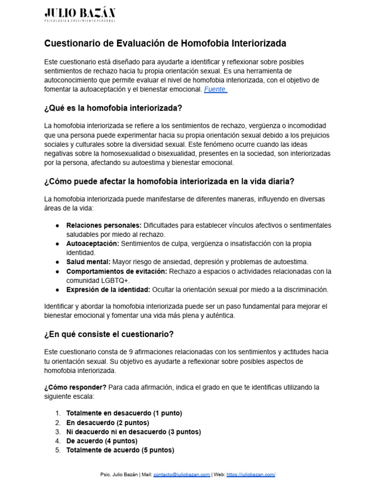 Cuestionario de Homofobia Interiorizada | PDF | Autoestima | Las emociones