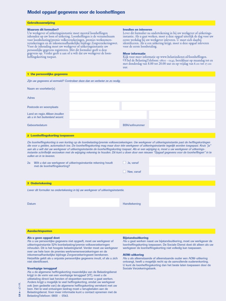 Model Opgaaf Gegevens Loonheffing | Pdf