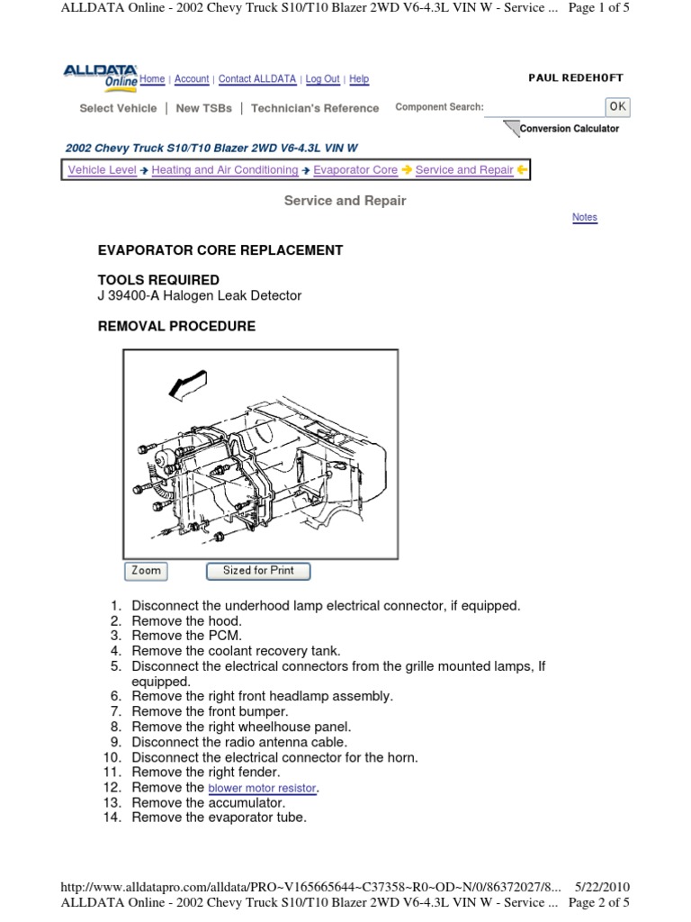 2002 Chevy Truck s10 t10 Blazer Evaporator Core Replacement PDF