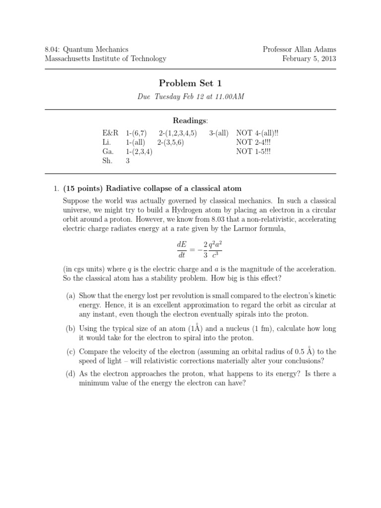 Quantum Mechanics Problem Set 1 | PDF | Diffraction | Electron