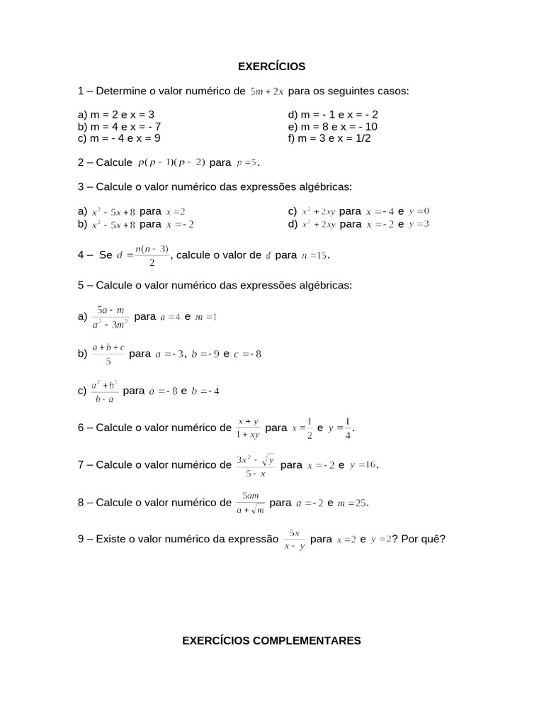 Exercícios de Expressões Algébricas | PDF