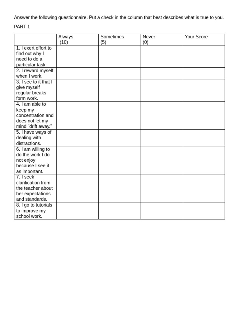 Study Habits Questionnaire Assessment | PDF | Essays | Motivation