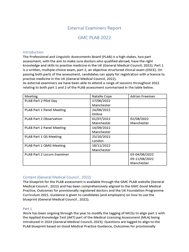 GMC PLAB 2022 External Examiners Report | PDF