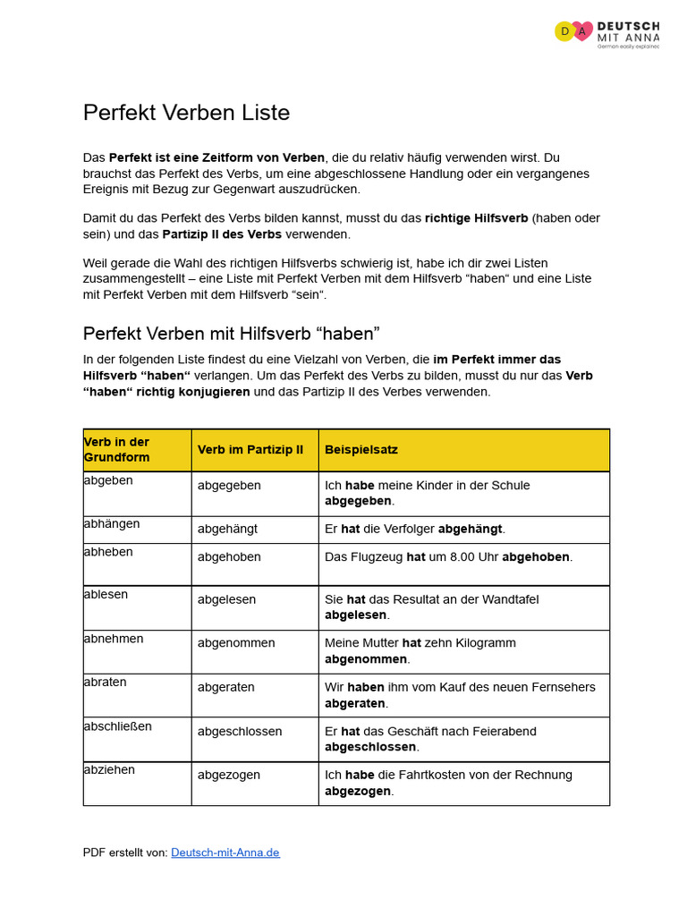 Perfekt Verben Liste | PDF