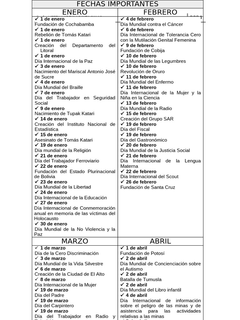 Fechas Cívicas de Bolivia 2024 | PDF