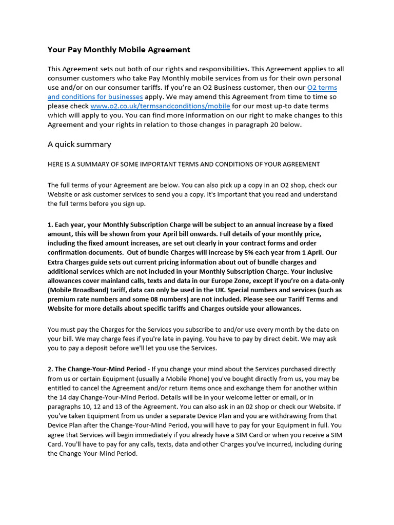 O2 Pay Monthly Mobile Agreement Summary | PDF | Credit Card | Payments
