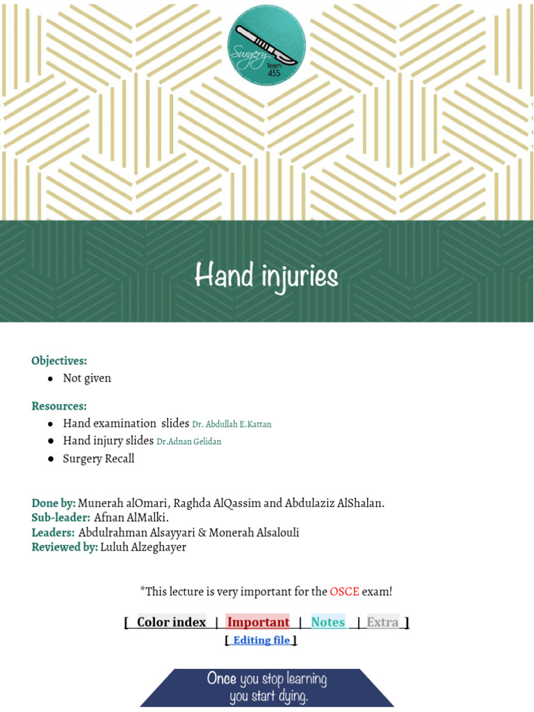 Hand Injury History and Examination Guide | PDF | Thumb | Hand