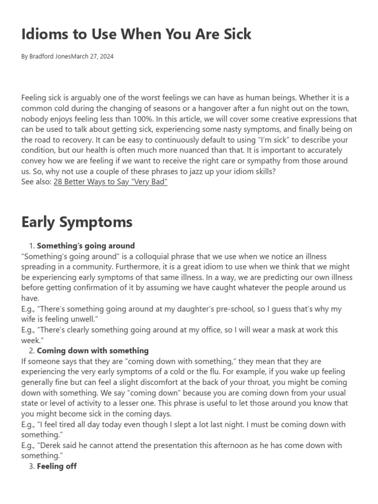Idioms To Use When You Are Sick - Get More Vocab | PDF | Cough | Feeling