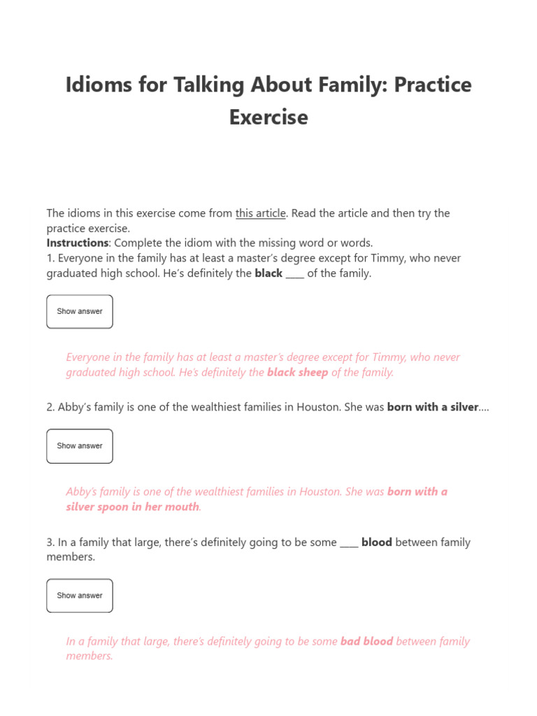 Family Idioms Practice Exercise | PDF