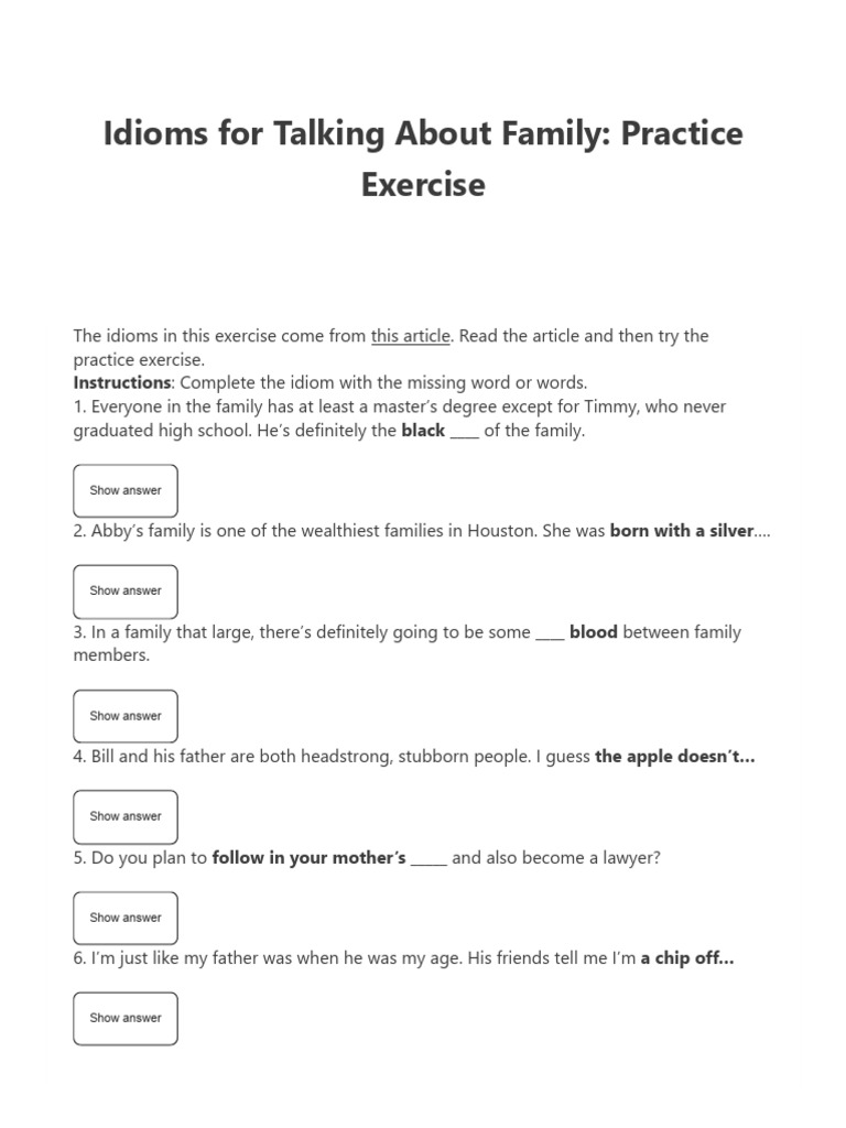 Family Idioms Practice Exercise | PDF
