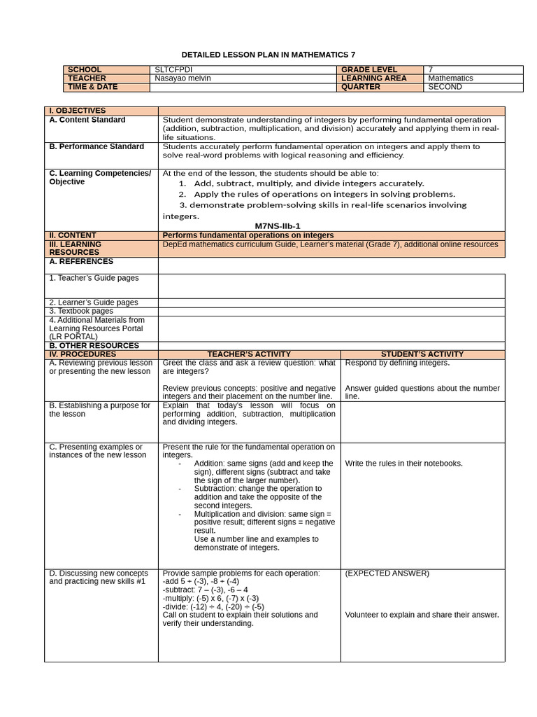 Grade 7 Mathematics Lesson Plan: Integers | PDF | Multiplication | Learning