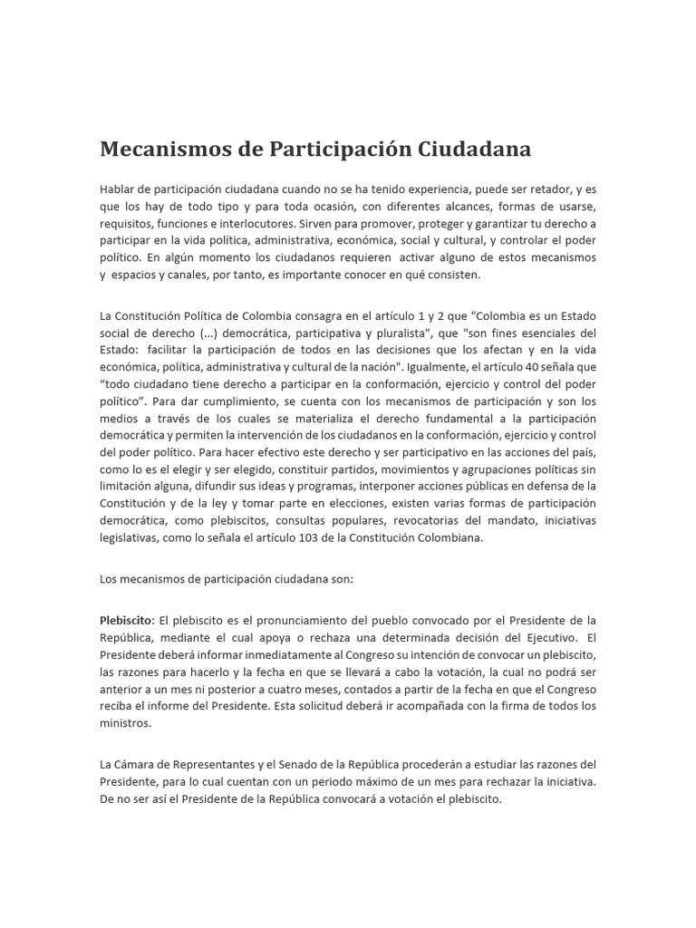 Mecanismos de Participación Ciudadana en Colombia | PDF | Gobierno ...