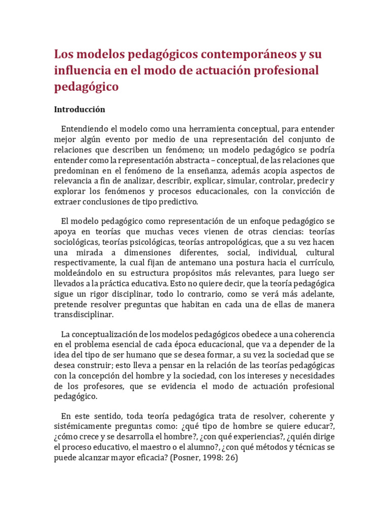 Modelos pedagógicos y su impacto educativo | PDF | Pedagogía | Sicología