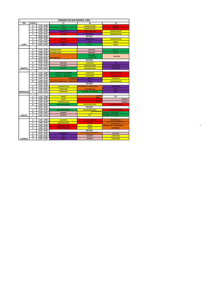 Horario de Clases Secundaria 2025 | PDF | Matemáticas